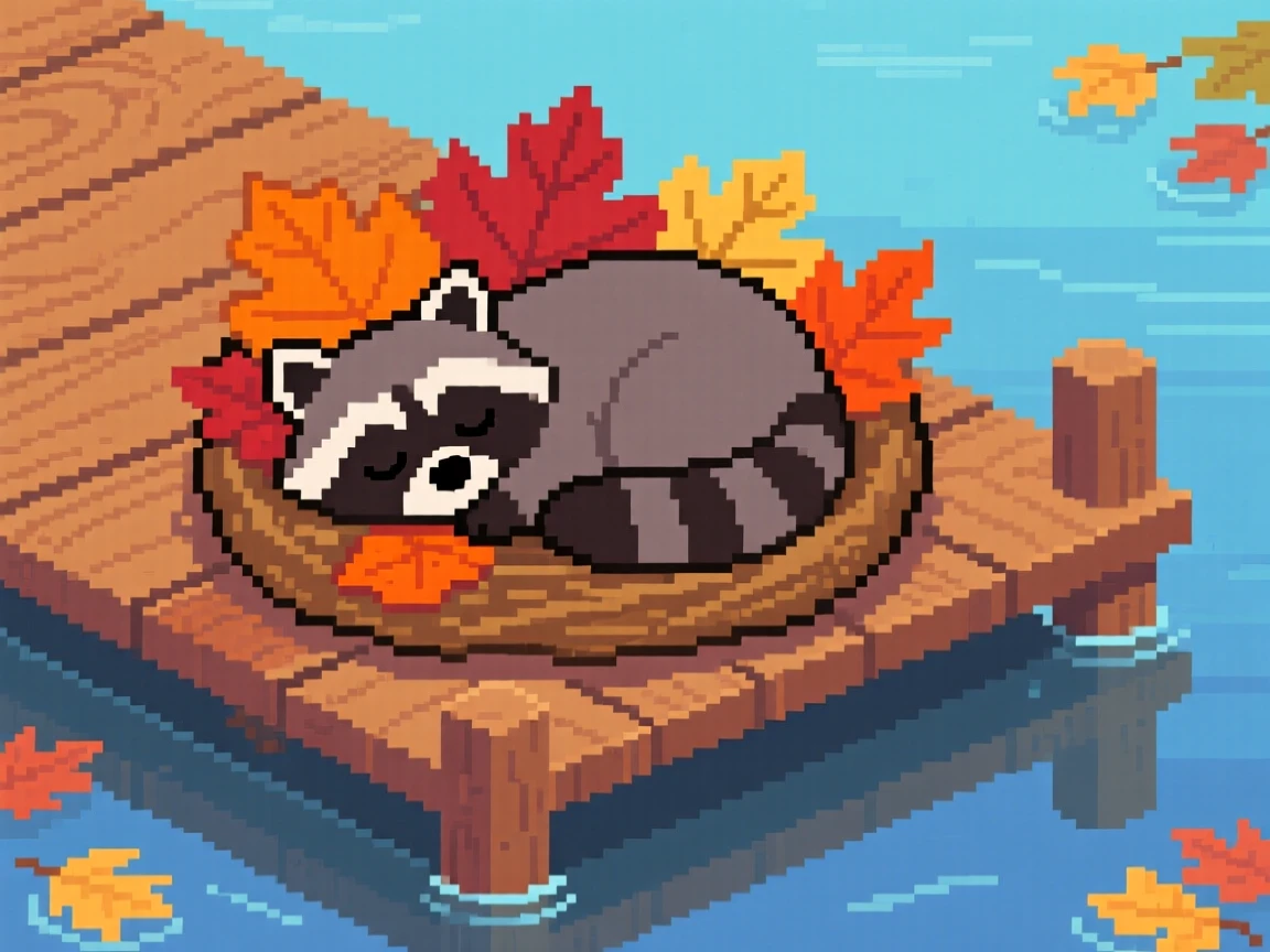 A curious raccoon asleep in a nest of autumn leaves, on a wooden dock over a still lake.