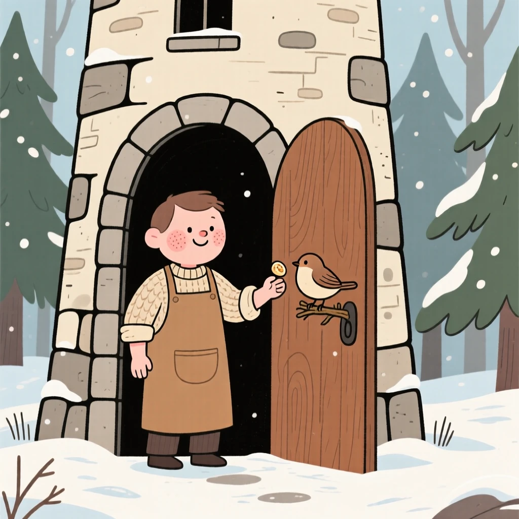 A gentle baker stands at the door of a stone tower tucked into a snowy forest, welcoming a small bird inside from the cold.