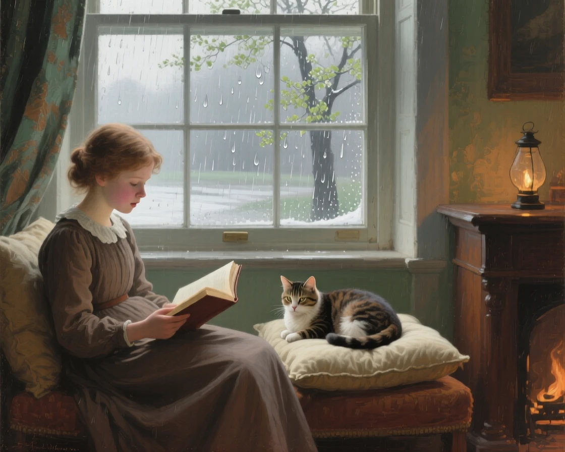 A well-framed scene of a girl reading a book aloud to her cat curled beside her, during a gentle spring shower, in the quiet stillness of midwinter.