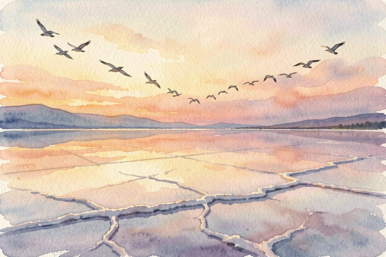 A salt flat that mirrors the sky at golden hour with a flock of birds crossing the sky.