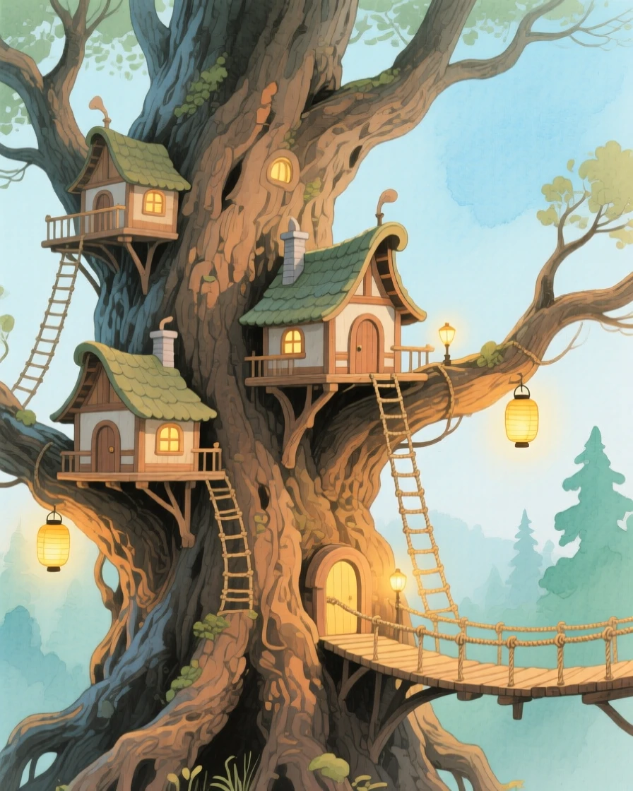 A tiny village is built into the branches of an enormous ancient tree, connected by rope ladders and lantern-lit bridges