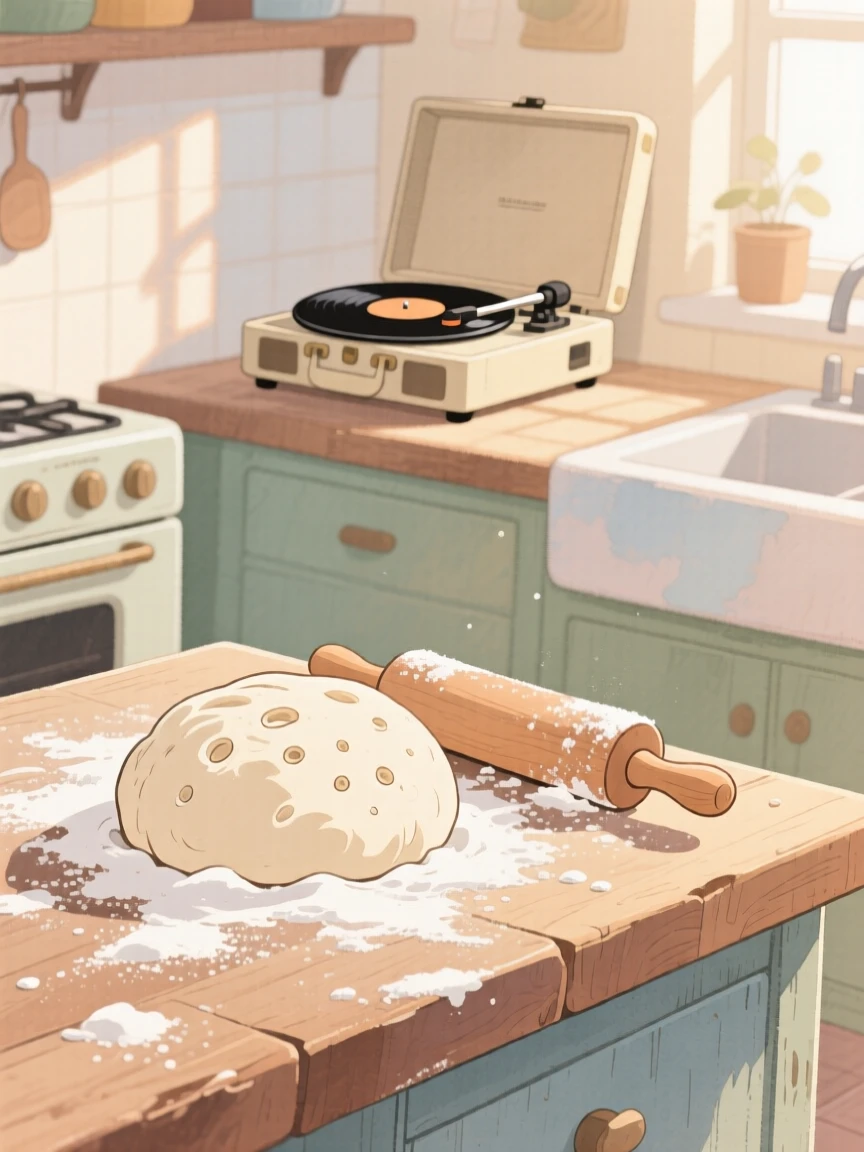 A kitchen counter dusted with flour as bread dough rises beside a rolling pin, with the quiet hum of a record player in the background, capturing the simple joy of a slow morning.