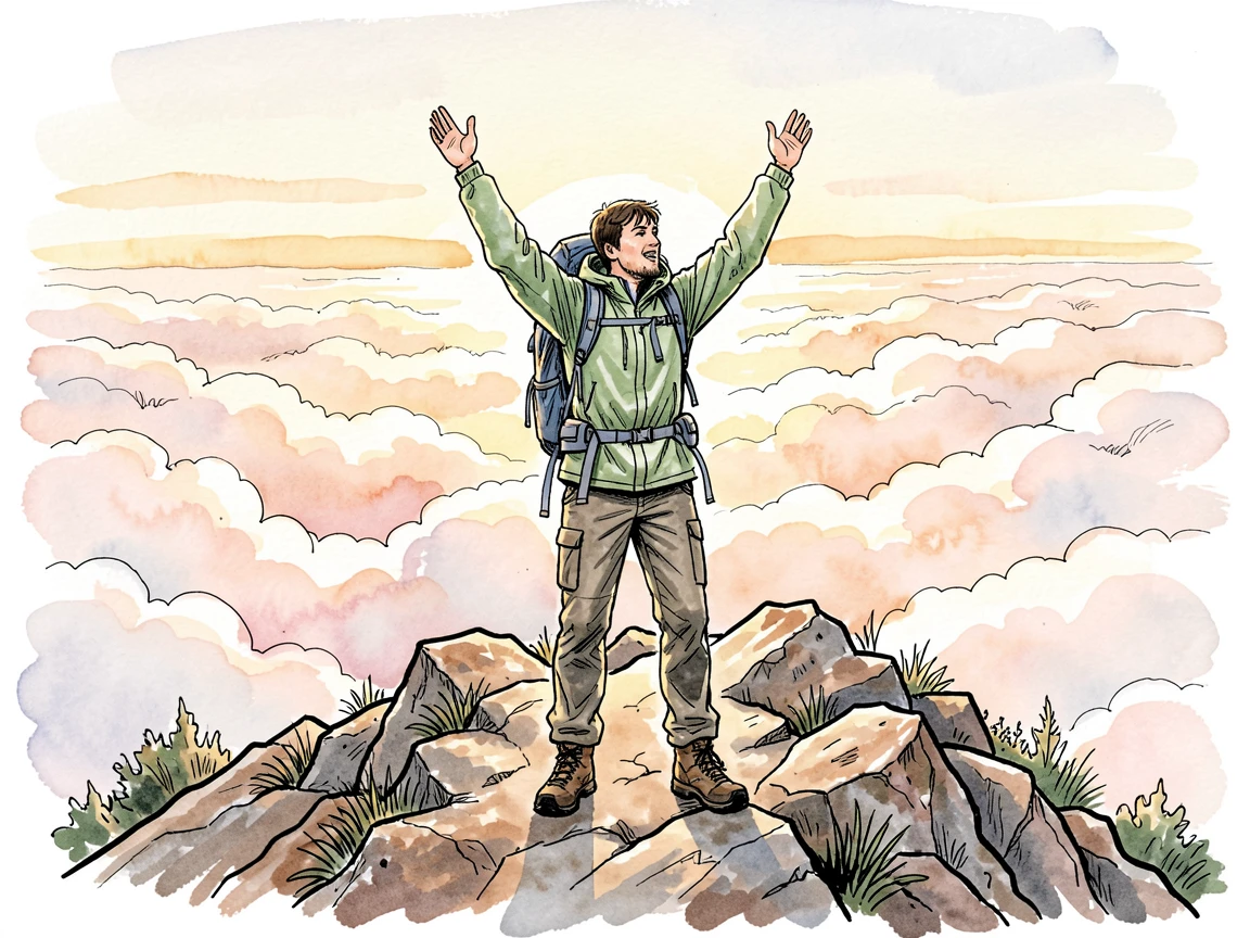 A hiker reaching a mountain summit at sunrise, arms raised in triumph against a sea of clouds