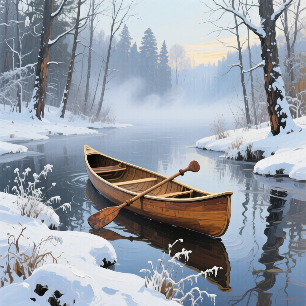 a canoe drifting through a misty forest river, on a still winter afternoon, with a clear foreground, subject, and distant setting.
