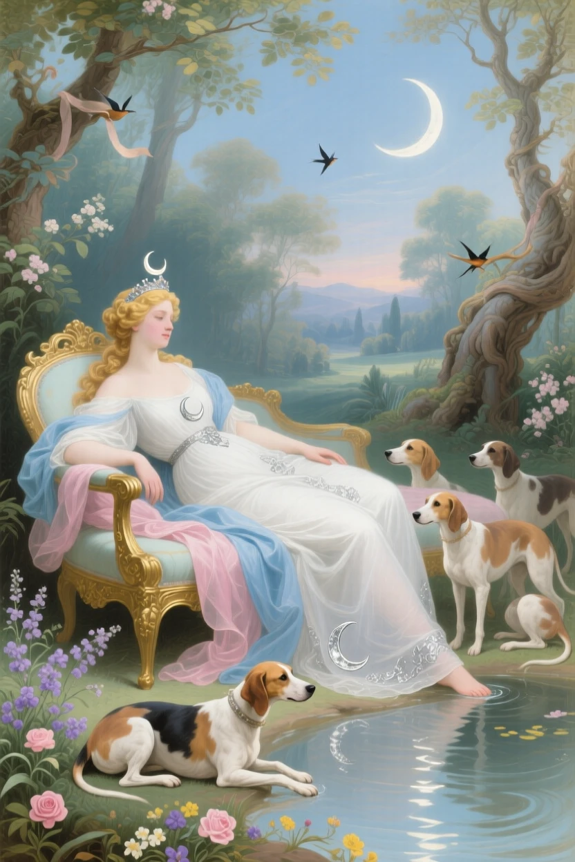 Diana resting beside a woodland spring with her hounds and crescent moon  