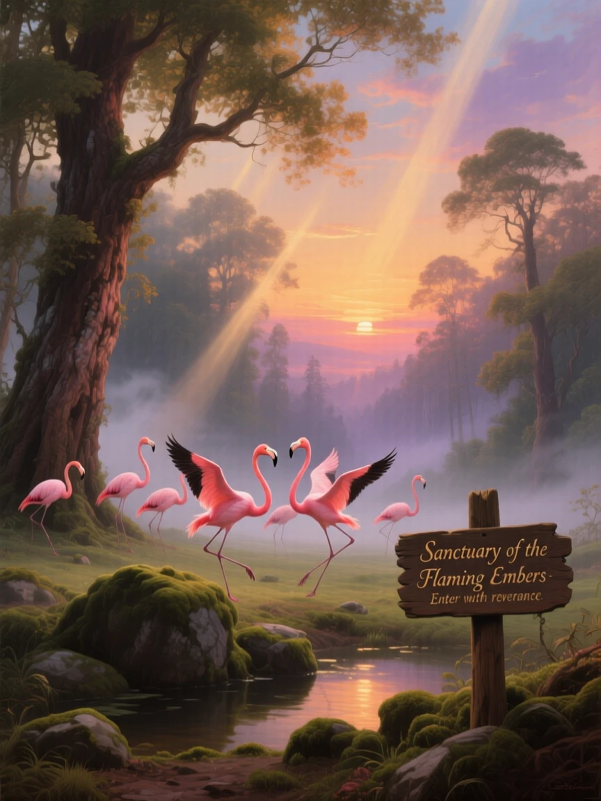 A flock of flamingos leaps through a misty forest clearing as the sun dips below the horizon.