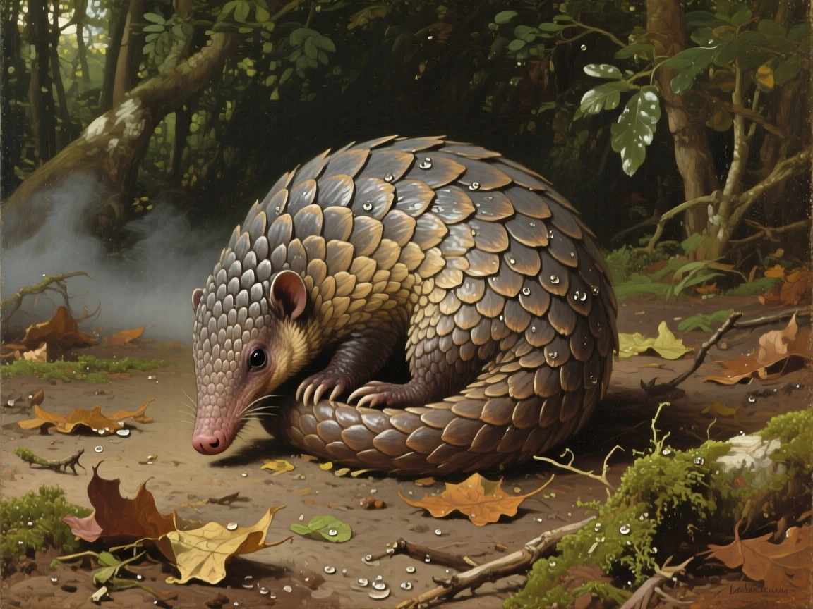 A pangolin curled protectively into a ball on a forest floor, with water droplets or mist adding a sense of immediacy, highlighting the quiet majesty found in the natural world