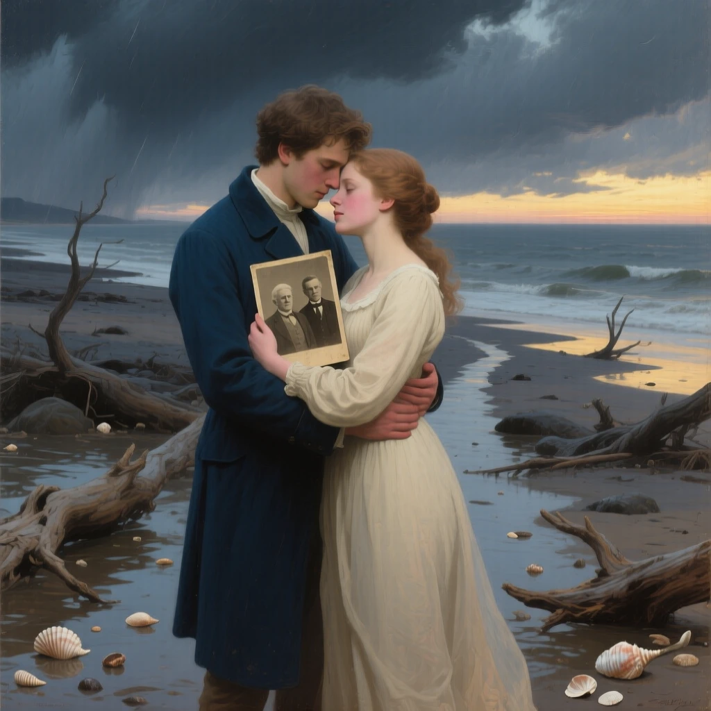 A young couple eloping under the cover of night as the weight of years finally lifts, set on a storm-battered shoreline at first light, with a faded photograph clutched tightly to a chest; converging paths in the background lead directly to the embracing pair, aching with bittersweet longing and hard-won joy.