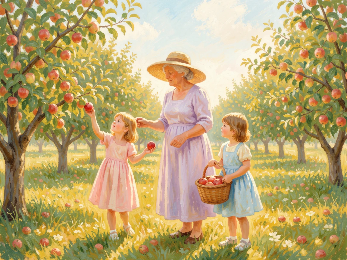 A grandmother and her grandchildren picking apples together in a sunlit orchard.