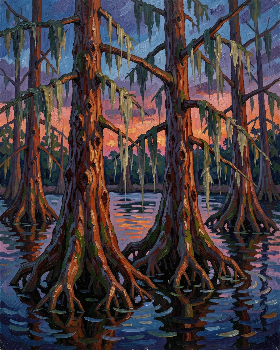 A quiet cypress swamp at dusk, Spanish moss hanging from ancient trees.