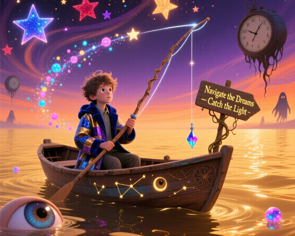 A young boy fishing for stars from a small wooden rowboat moves gracefully through a scene bathed in soft golden light, while a faint trail of light marks the path behind them.