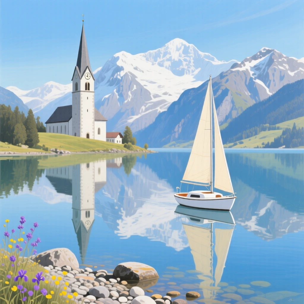 A calm mountain lake in Switzerland reflects a distant church steeple and snow-capped peaks, a small sailboat drifting near the shore under a clear summer sky, subtle color shifts across the sky suggesting the slow passage of time within the scene.