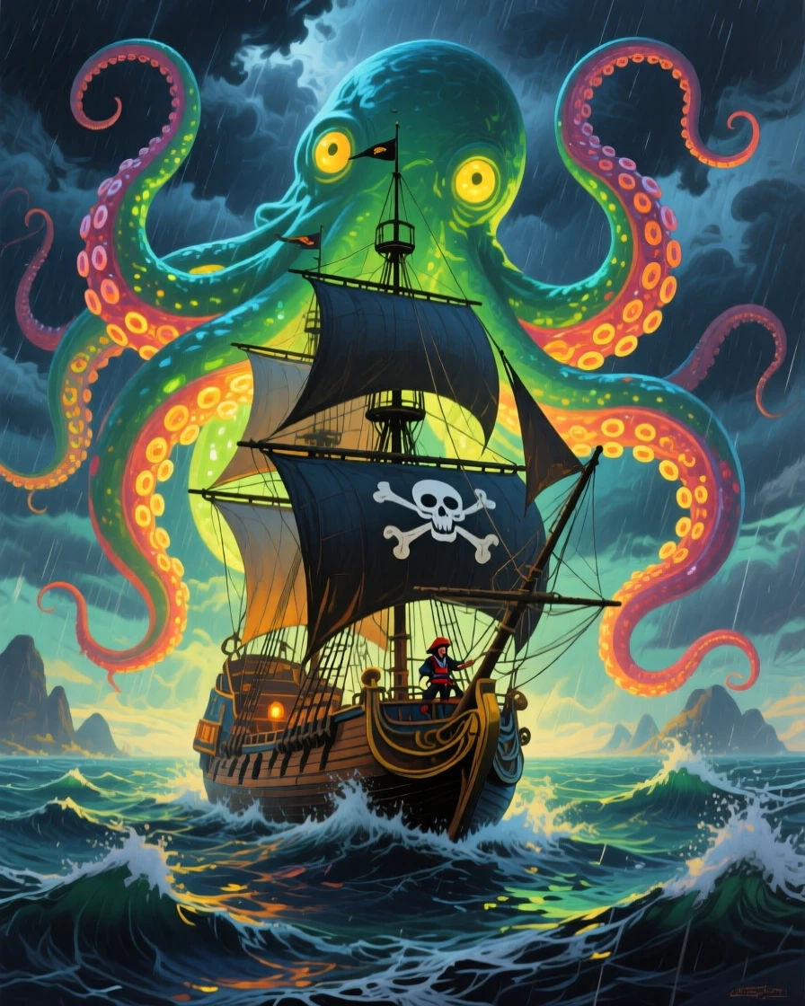 A pirate ship sailing through a stormy sea beneath a giant glowing kraken's tentacles