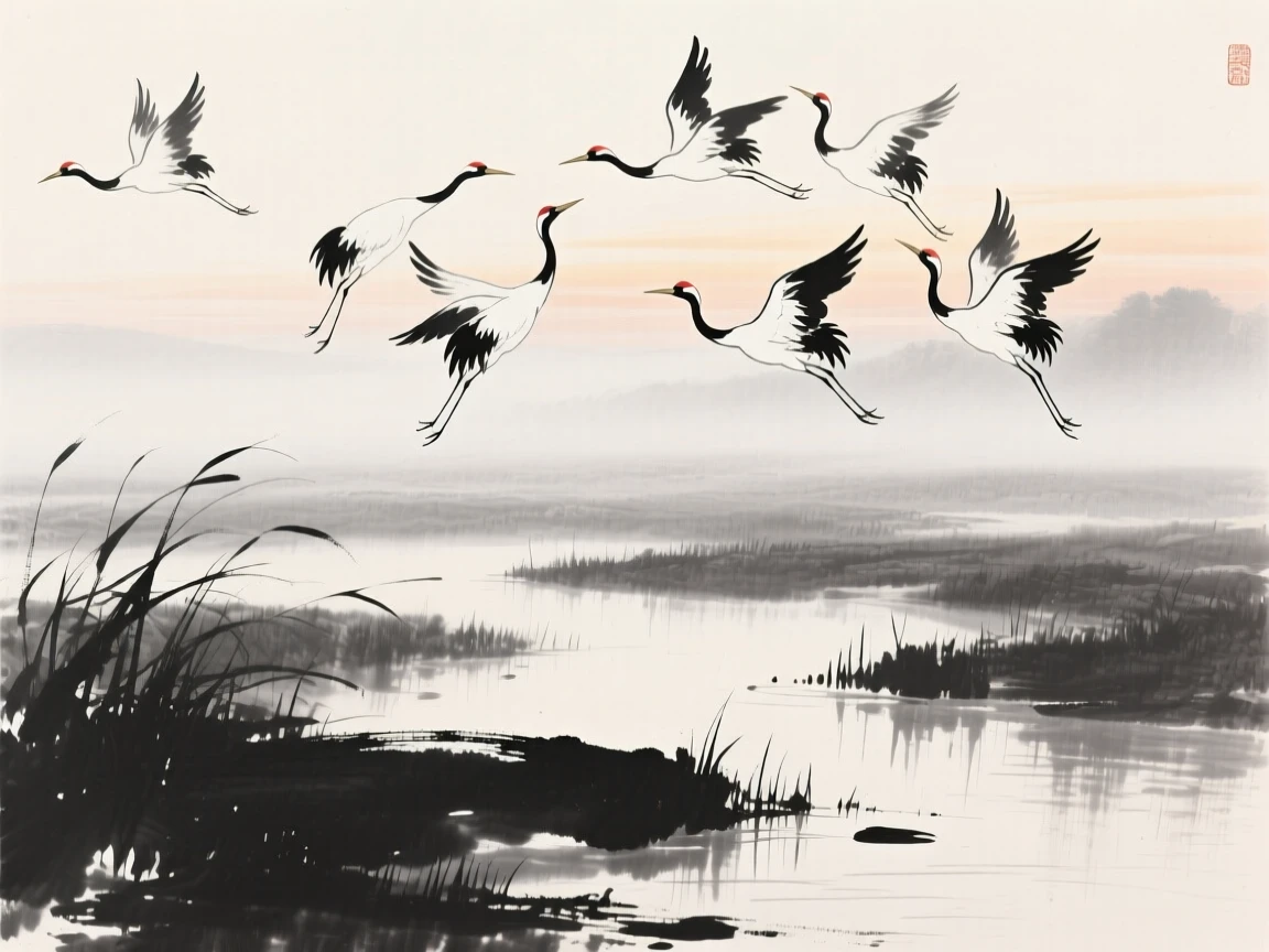 A flock of cranes circles above a quiet wetland, under the soft light of early morning.
