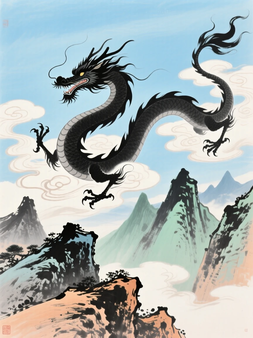 A celestial dragon coiling through clouds above a jagged mountain range, brimming with peaceful contentment, in the height of summer.