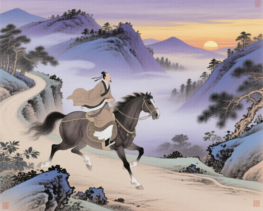 A messenger on horseback racing along a mountain road at dusk, as morning mist clings to the surrounding hills