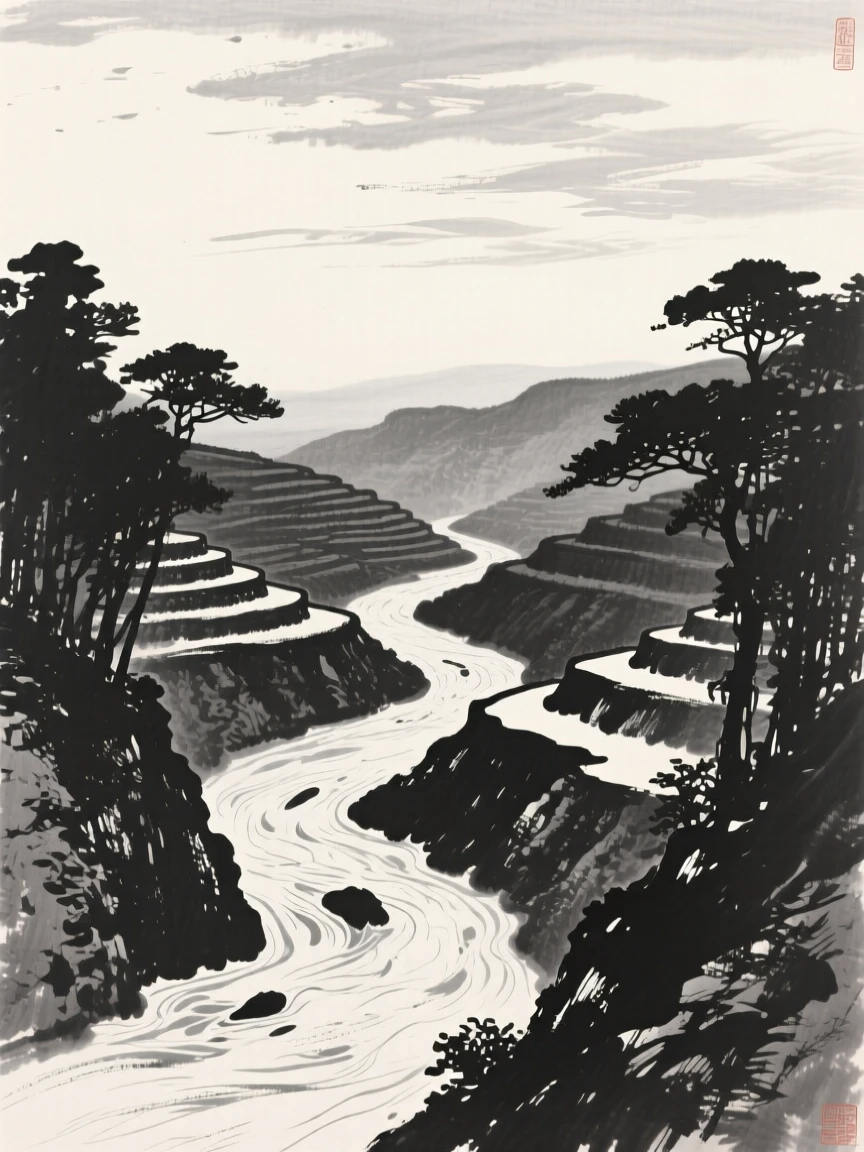 A winding river cutting through a deep, terraced valley under a wide open sky scattered with drifting clouds, framed through a gap in the trees, revealing the valley beyond, carrying a feeling of timeless peace and stillness.