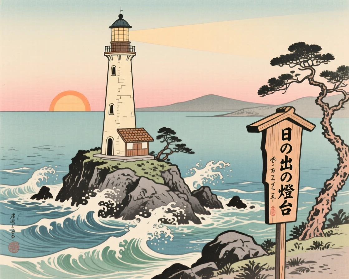A lighthouse on a stony point amid crashing surf and sea spray, at sunrise.