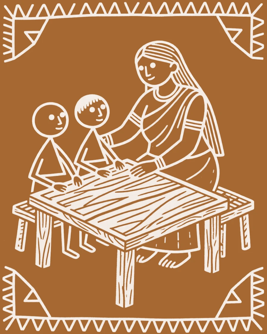 A widow and her grandchildren comforting one another after a hard day at a simple wooden dining table.