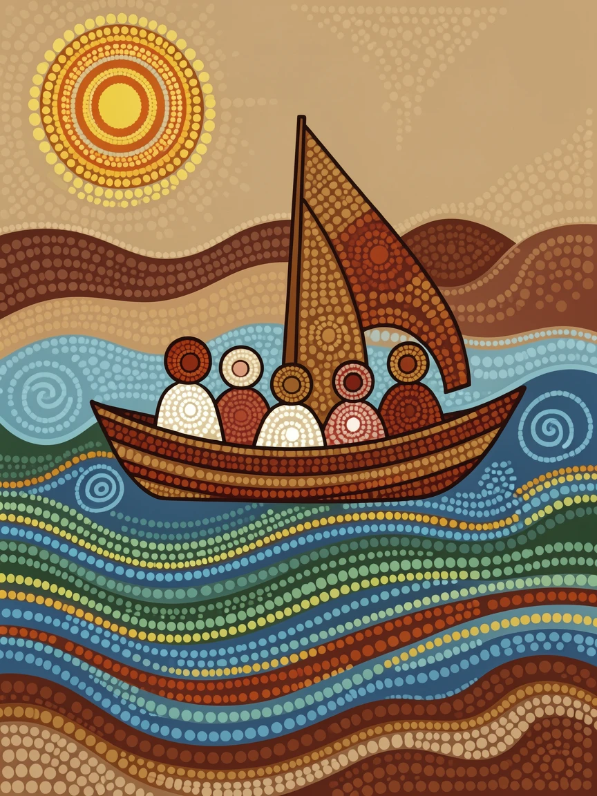 A family sailing a small wooden boat