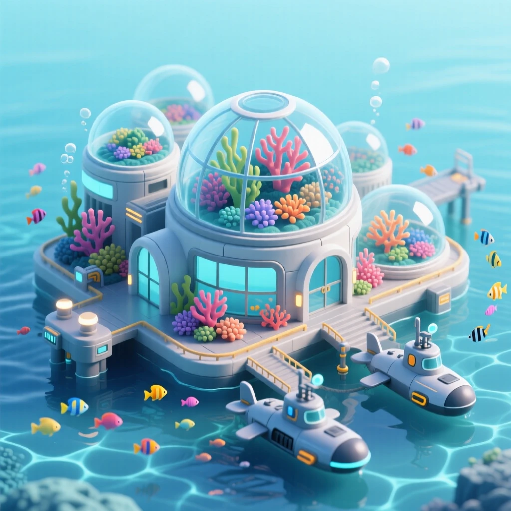 A futuristic underwater dome city with coral gardens growing between glass buildings, submarines docking at underwater ports, and schools of fish swimming past windows.