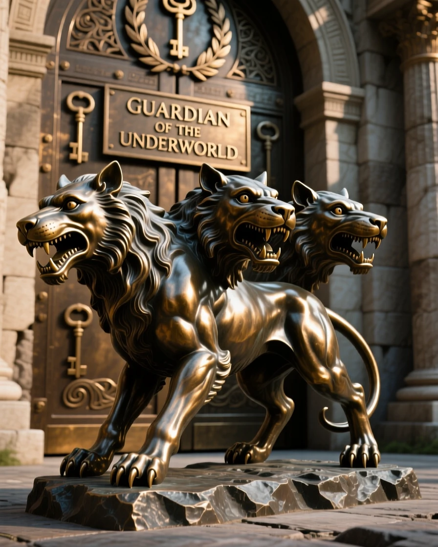 A three-headed cerberus guarding a gate, rendered with dramatic, sweeping composition, radiating awe and grandeur