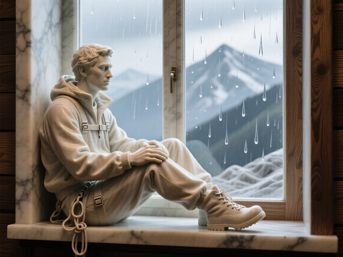 A tender portrait of a mountain climber, sitting quietly by a window, with a rain-streaked window behind them, evoking warmth and humanity