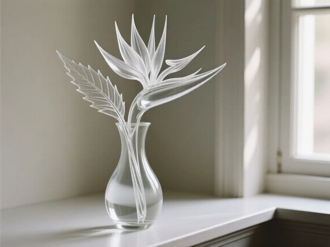 A bird of paradise flower arranged in an elegant vase on a windowsill, soft diffused light streaming in, creating a tranquil still-life mood.