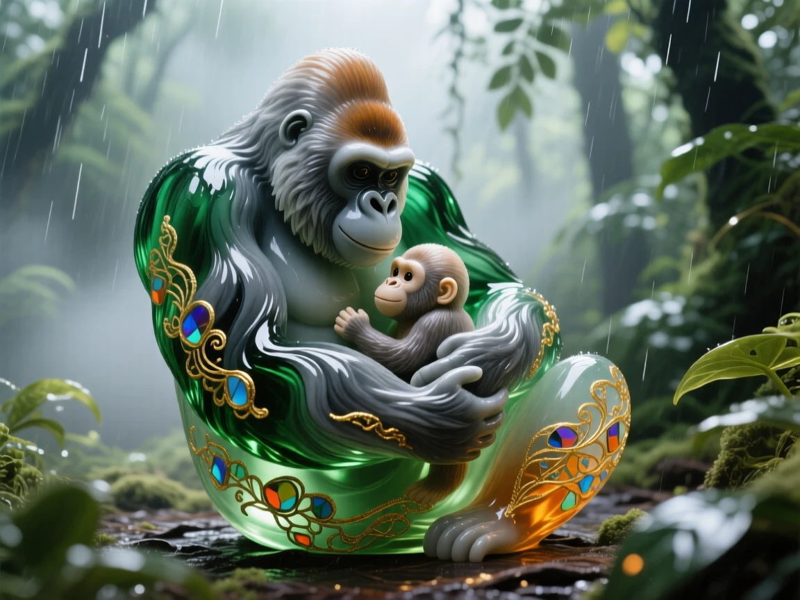 A mother gorilla cradling her infant in a misty rainforest clearing, tender and profound.