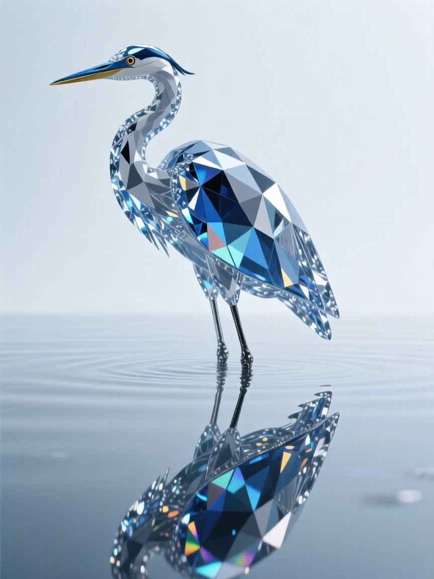 A great blue heron standing motionless in still water, perfectly mirrored below.