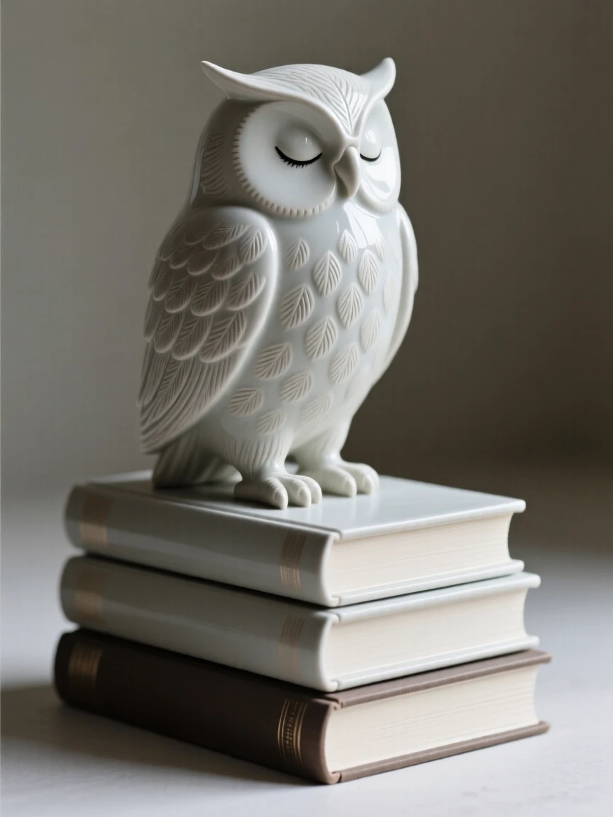 A decorative owl perched atop a stack of books displayed as a refined centerpiece, catching soft light along smooth curved surfaces, conveying calm, tasteful sophistication.