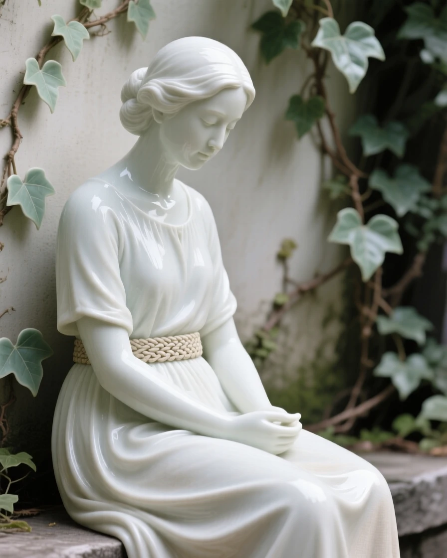 A poet seated in quiet contemplation, wearing a simple linen dress with a woven belt, her gaze lowered in quiet grace, set against an ivy-covered garden wall.