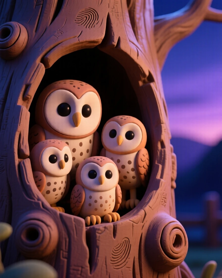 A barn owl family peeking from a hollow tree at twilight
