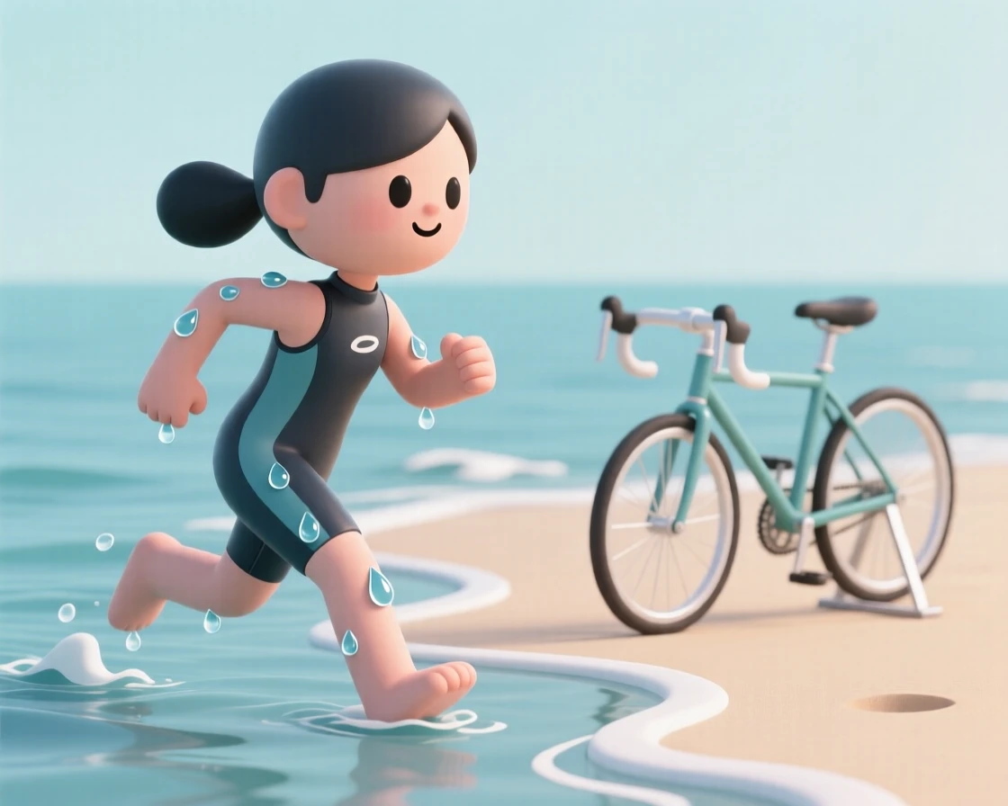 A determined triathlete emerges from the ocean, wetsuit dripping as she sprints toward a waiting bicycle on the beach.