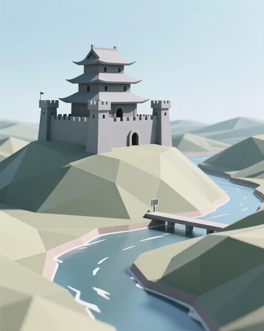 A hilltop fortress overlooking a winding river valley, beneath a clear blue midday sky. the composition highlights layered rooftops and textures. It captures a feeling of quiet discovery.