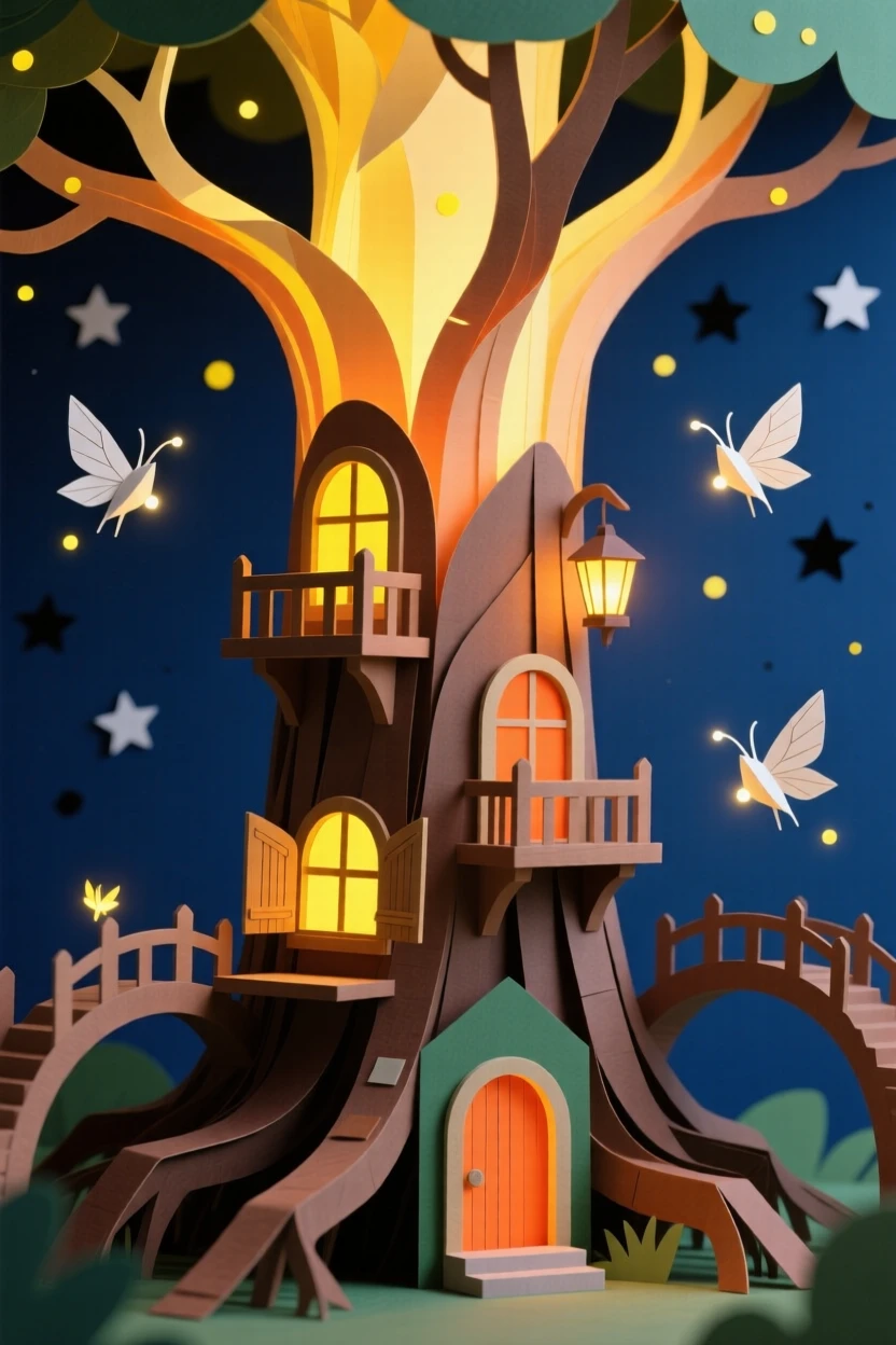 A hidden fairy village built into the roots of an enormous glowing tree, tiny lantern-lit windows and bridges connecting the branches, fireflies drifting through the night air, evoking childlike wonder.