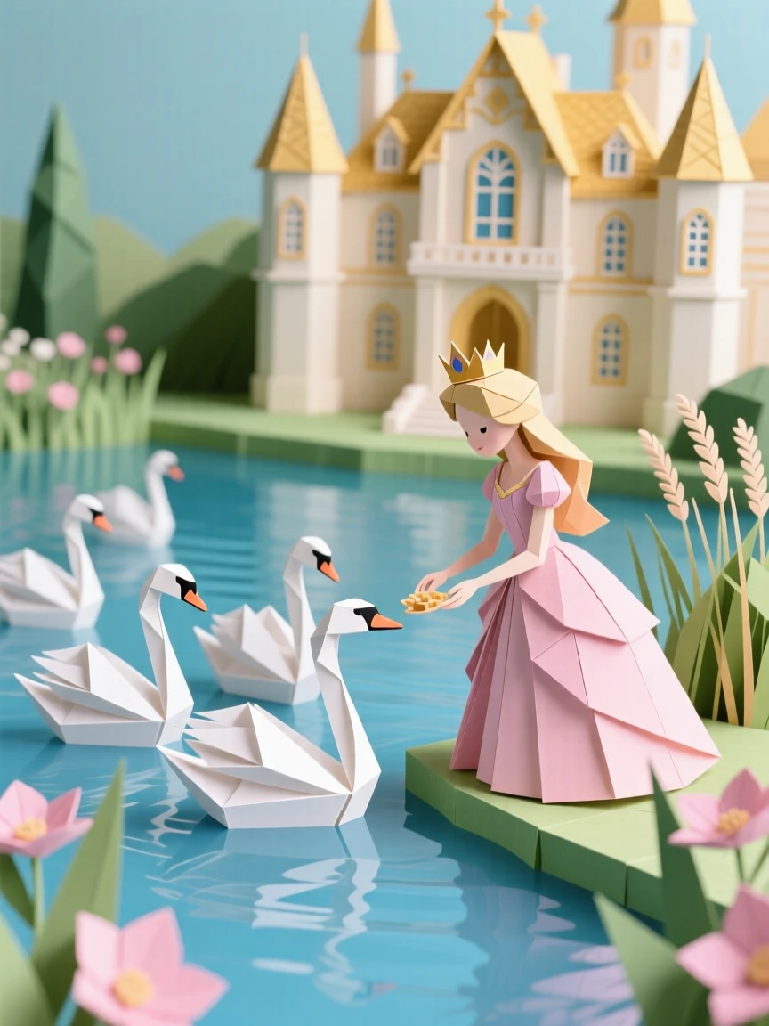 A princess character feeding a flock of swans beside a palace lake.