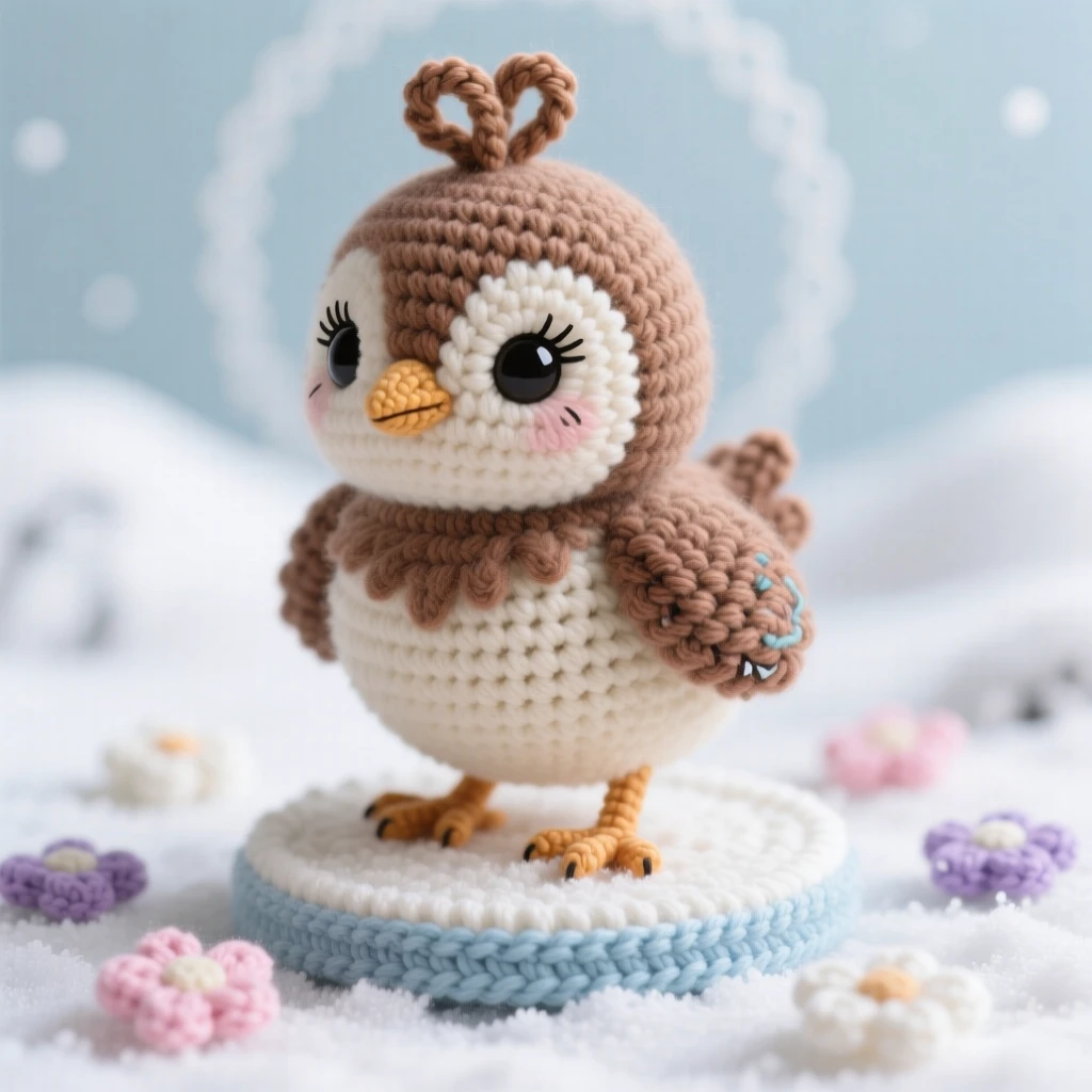 A heartwarming close-up of a baby peacock chick, with soft brown down and a tiny crest, strutting proudly in a small circle in a snowy hillside under a pale winter sky; a scattering of soft flower petals completes the scene, radiating quiet contentment and gentle curiosity.