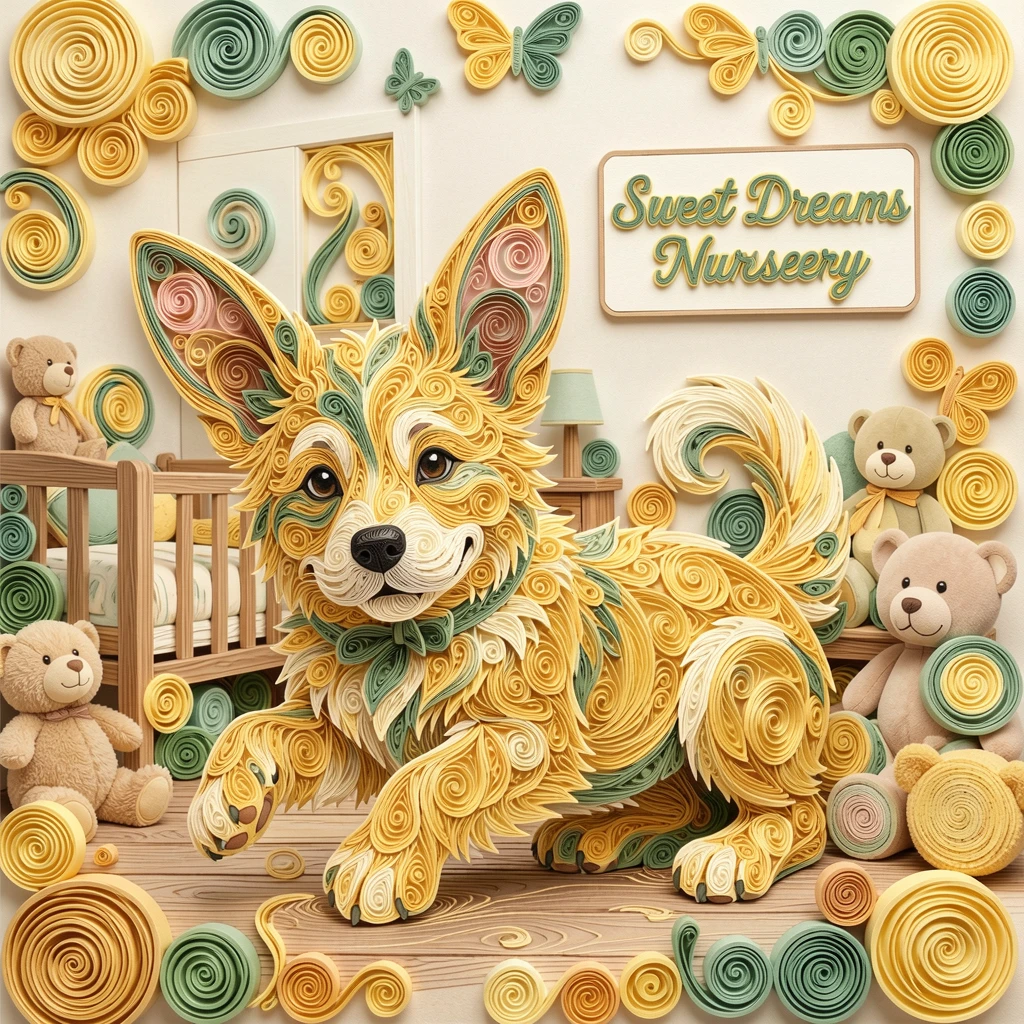 a puppy with oversized ears tumbling over its own paws, in a cozy nursery filled with soft toys, viewed from a low playful angle, in a palette of buttery yellow and sage green.