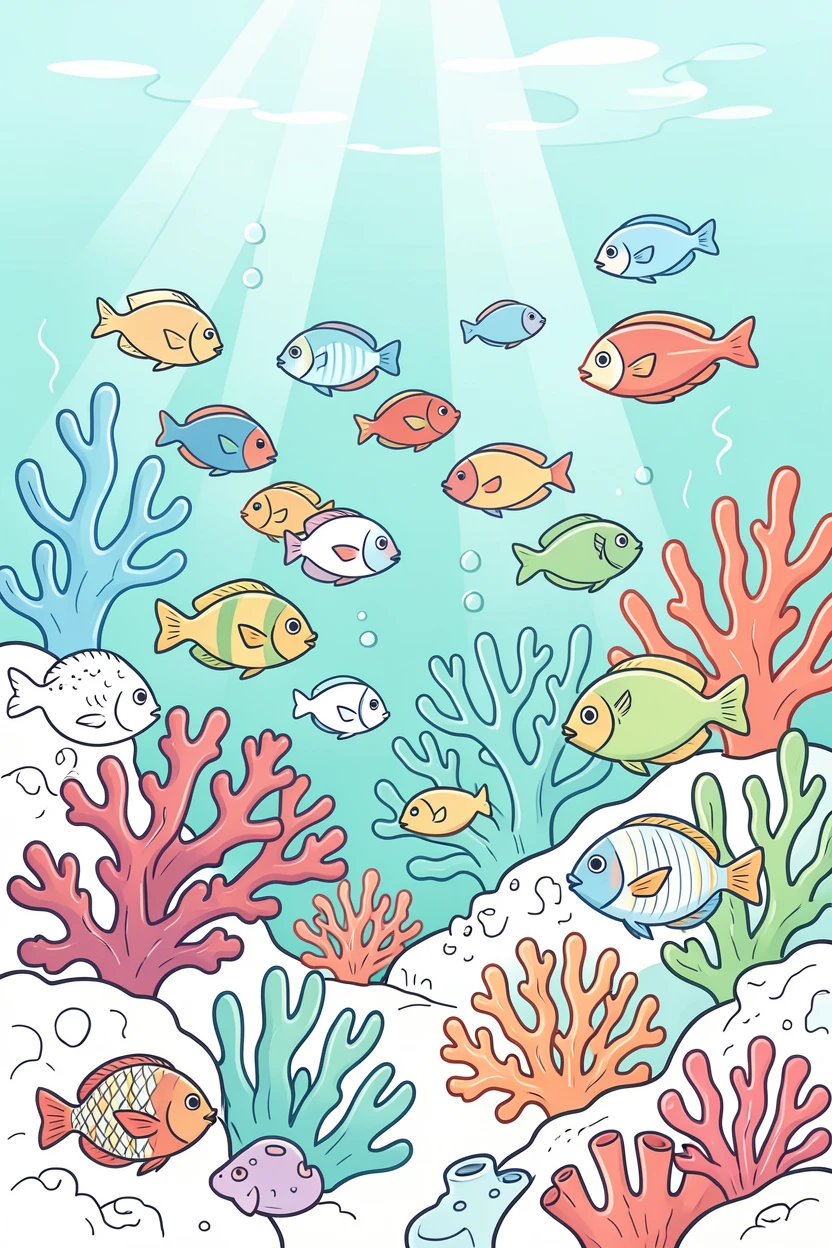 A coral reef teeming with colorful fish beneath sunlit turquoise water.