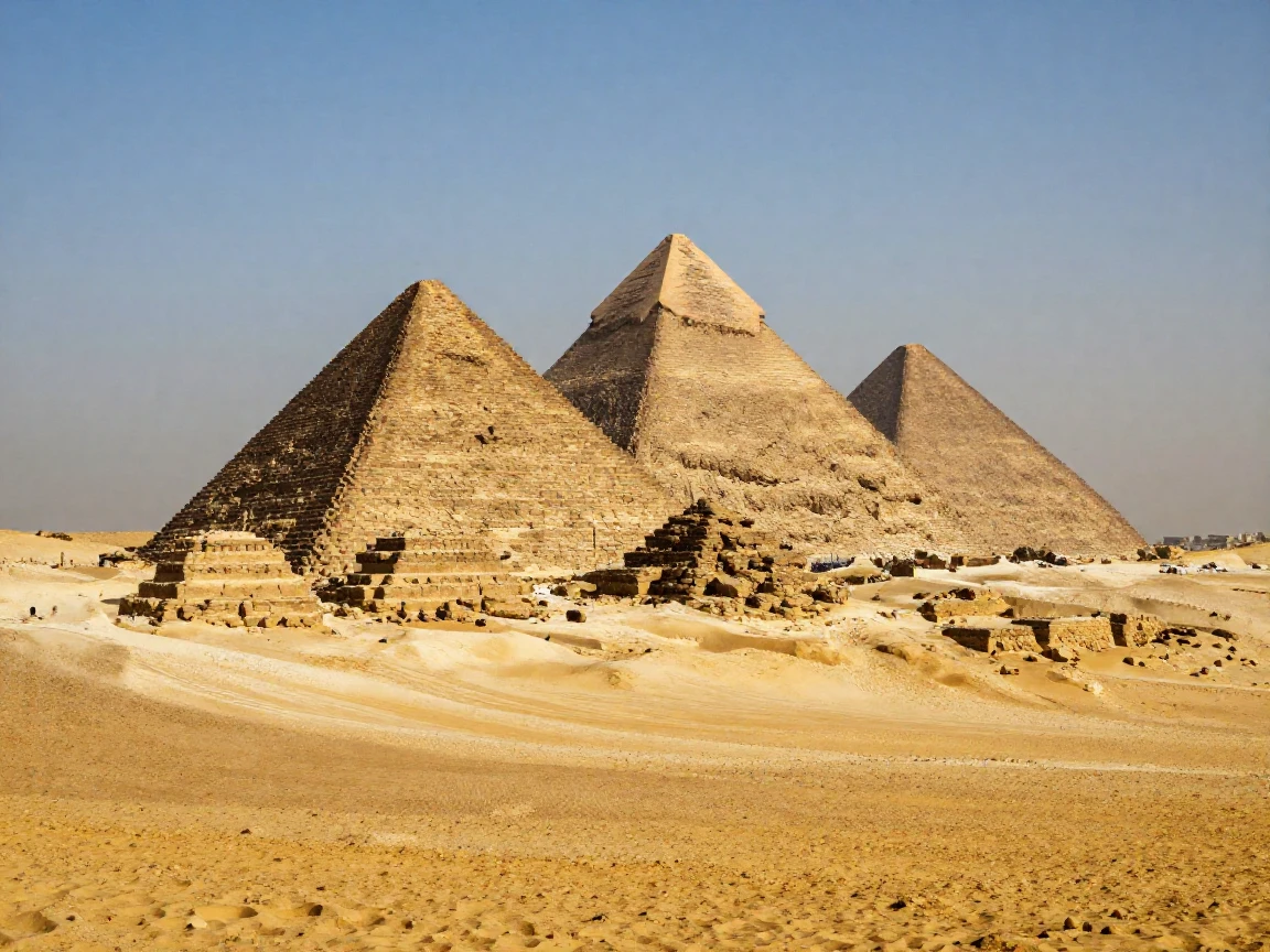The pyramids of Giza rising from golden desert sand