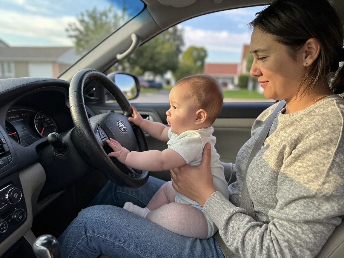 A baby reaches out to 'help' steer while sitting on a parent's lap in a parked car.