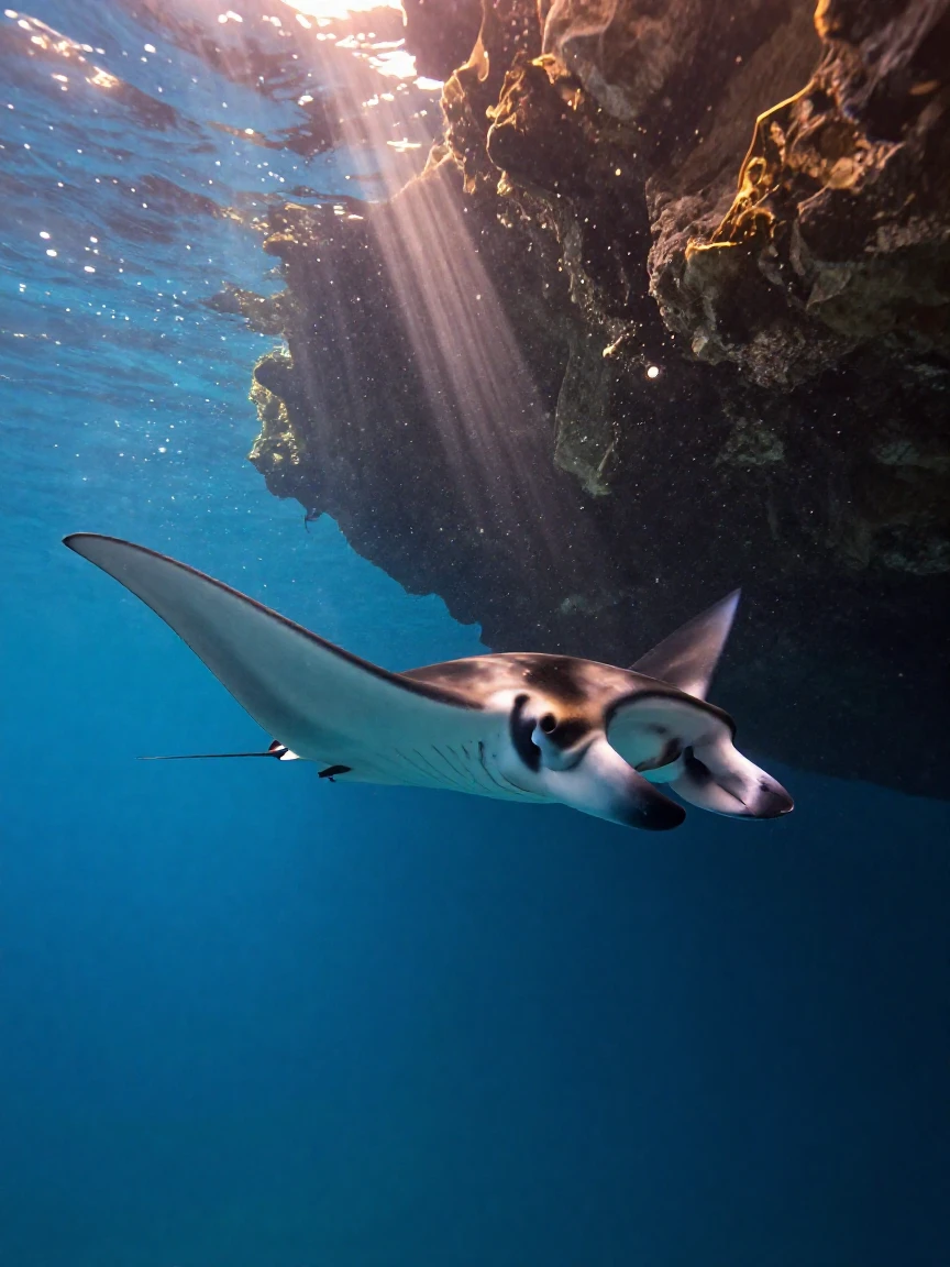 A manta ray gliding through open water drifting quietly near the entrance to a hidden sea cave
