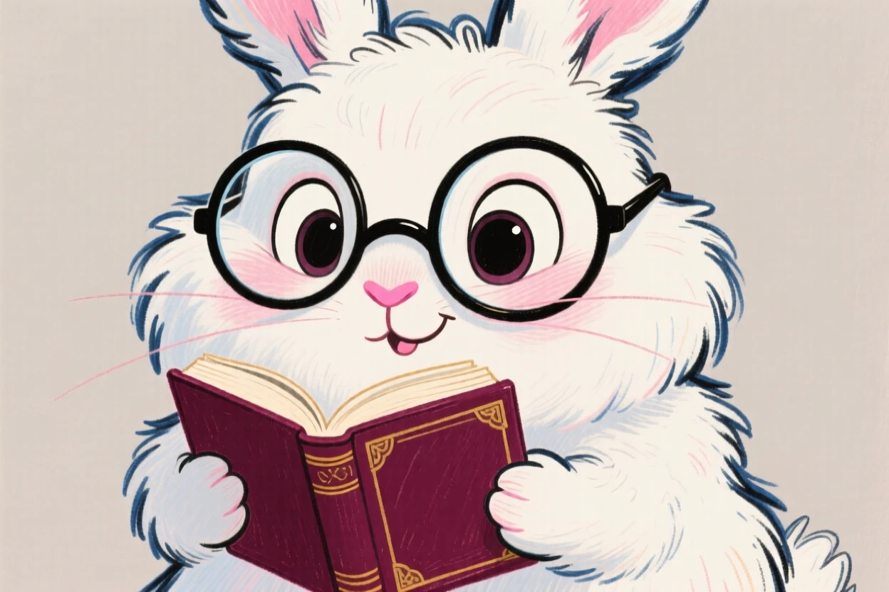 A fluffy white rabbit wearing round glasses, nose twitching as it reads a tiny book.