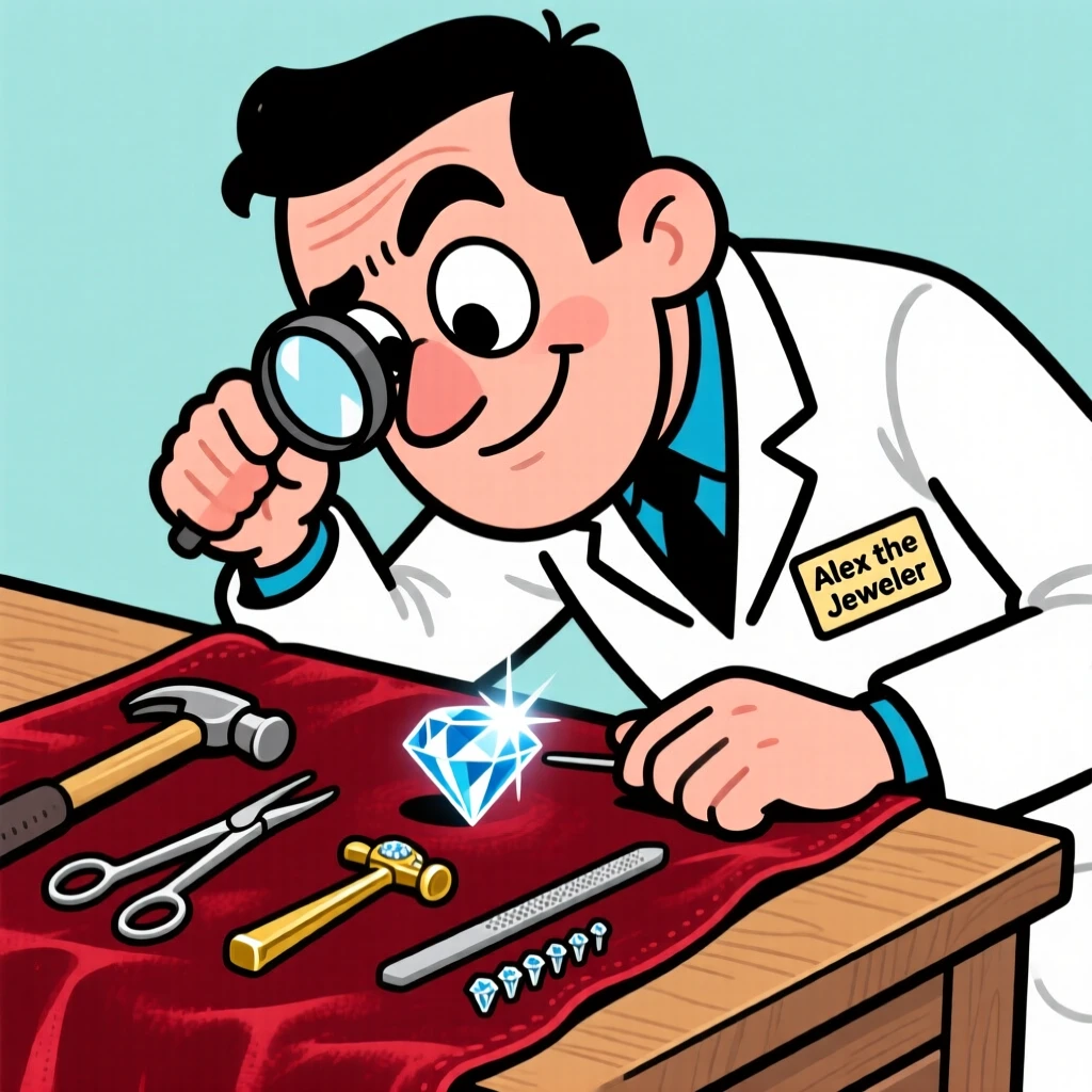 A vibrant profession-themed portrait of a meticulous jeweler examining a diamond through a loupe, tools spread neatly across velvet cloth.