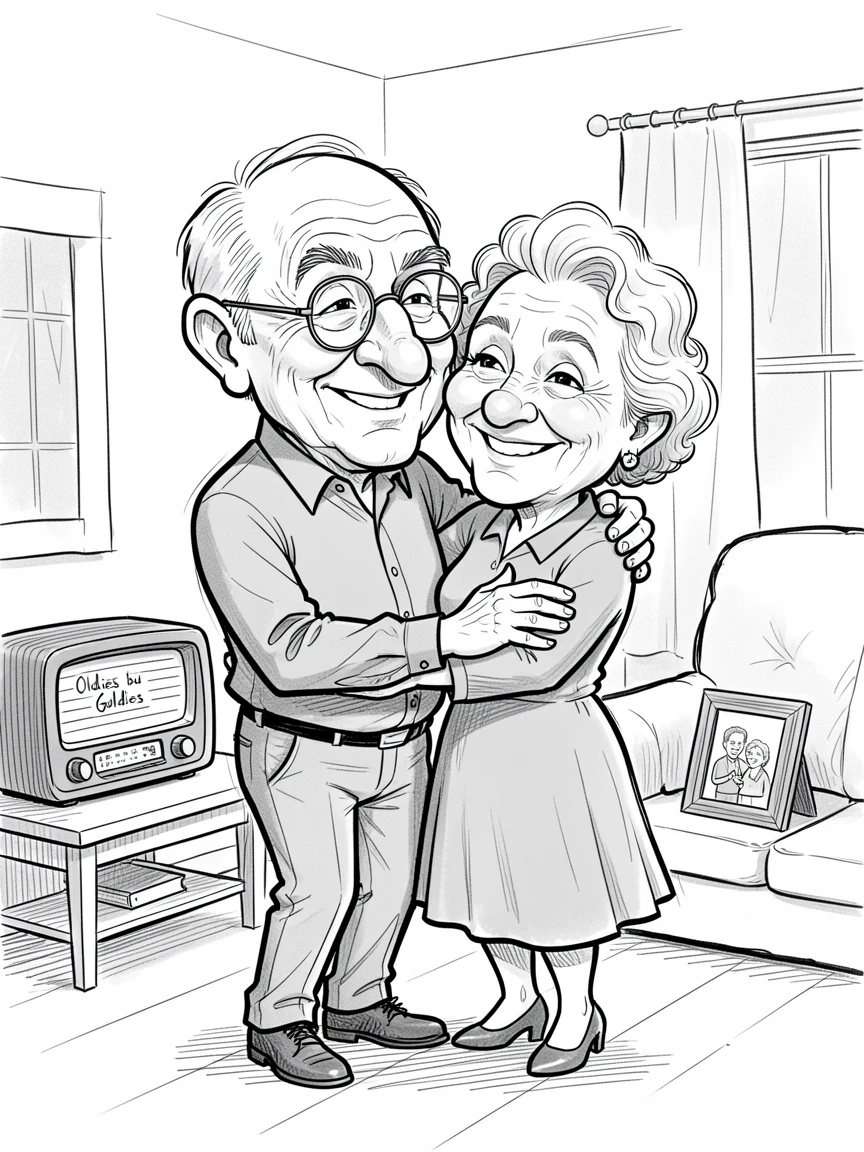 [Family & Relationship Moments] Heartwarming scene of grandparents dancing slowly in their living room to an old song, radiating love and warmth