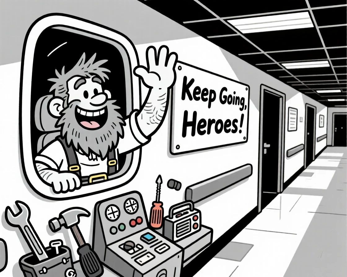 A rugged lumberjack with a bushy beard, waving confidently from the cockpit window, set in a hospital hallway lit by flickering fluorescent lights. A tool belt jingles with mismatched gadgets. It feels like a warm nod to the people who keep the world running.