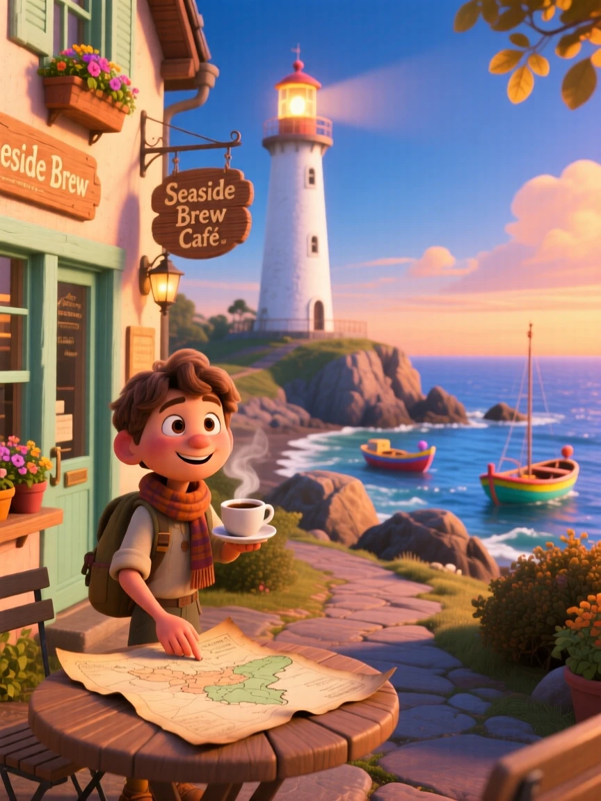 A traveler sipping coffee at a small cafe stands beside a lighthouse on a rocky coastline, tracing a path on an old paper map. A quiet excitement for discovery lingers in the air, with small boats bobbing in the distance.