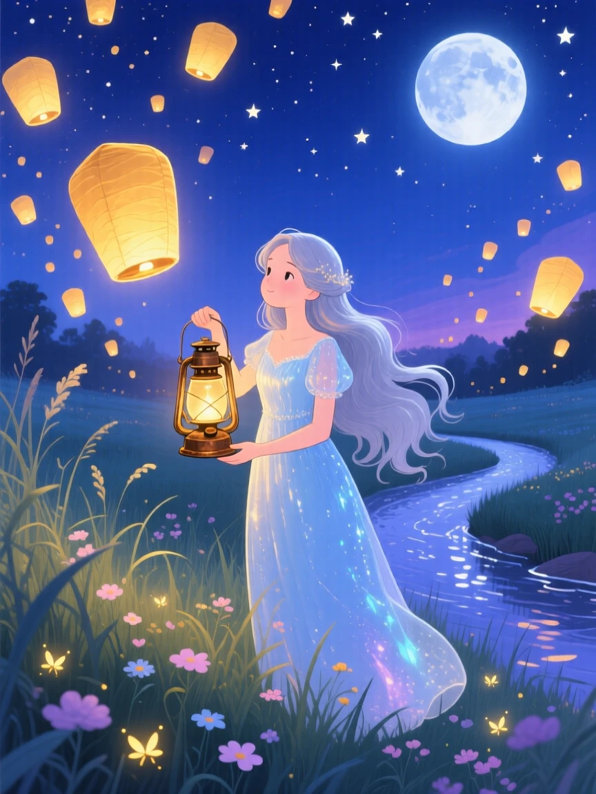 Deep within a moonlit meadow, a river nymph spends the evening lighting lanterns that float into the night sky, while soft golden light spills from an old lantern.