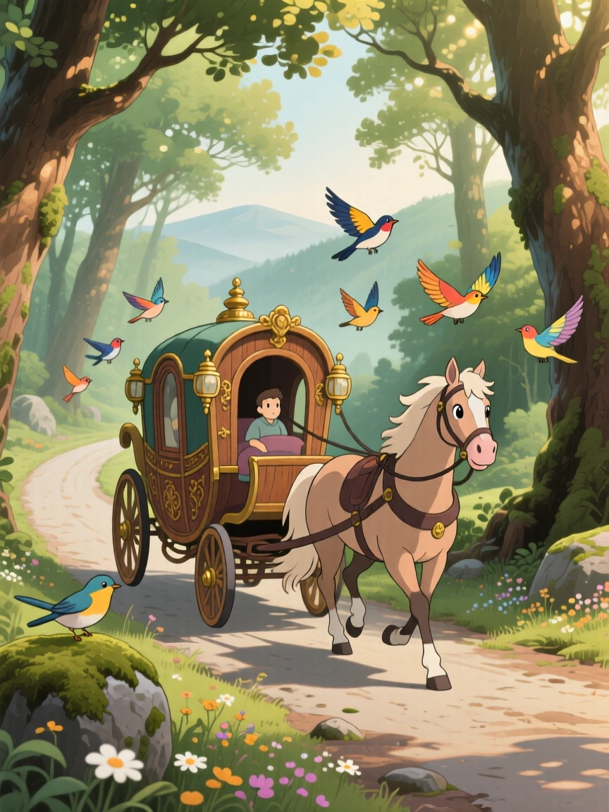 A charming scene of a horse-drawn carriage traveling along a forest road, as birds fly alongside it.